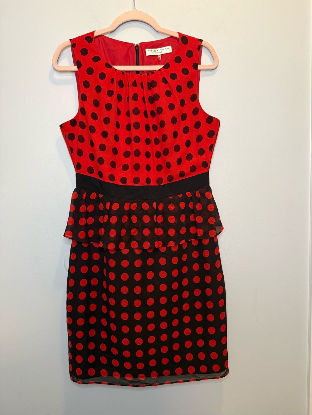 Trina Turk Red & Black Ladybug Polka Dot 100% Silk Peplum Sheath Dress Size 10